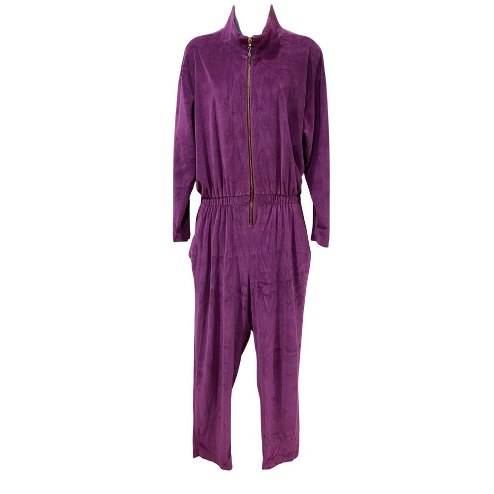 Vintage EKD Purple Velour Jumpsuit With Gold Zipper & Elastic Waist Size M Women